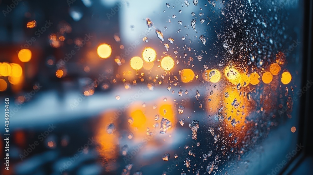 Obraz premium Winter city lights viewed through a rain-streaked window.