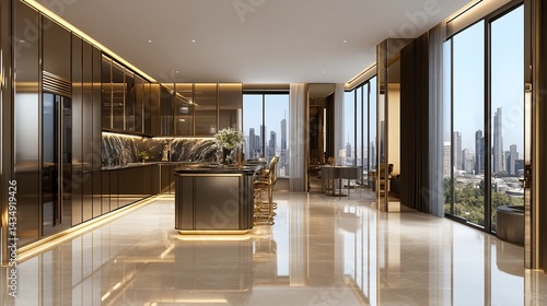 Luxurious modern kitchen with cityscape views, featuring a central island