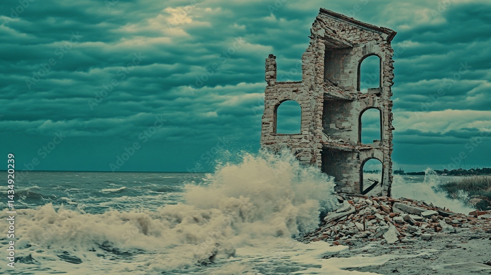 Crumbling brick building on a stormy coast with crashing waves