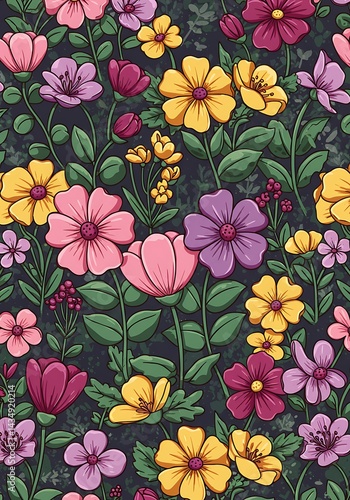 Vibrant Floral Hand-Drawn Pattern AI Generated