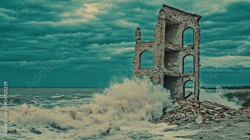 Obraz na płótnie Crumbling brick building on a stormy coast with crashing waves w salonie