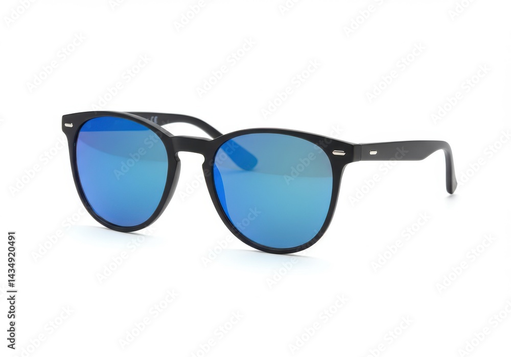 Close up of black framed sunglasses with blue mirrored lenses isolated on white background Close up of black framed sunglasses with blue mirrored lenses isolated on white background