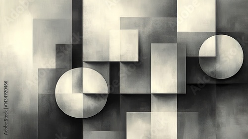 Abstract geometric shapes in grayscale.  Layered squares and circles create a sense of depth and dimension.  Muted tones evoke a feeling of calm and minimalism