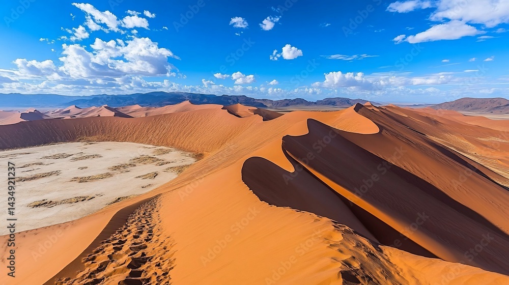 Vast desert landscape, orange dunes, clear sky