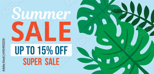 Summer Sale, Up to 15% Off. Fresh Bright Banner For Your Website. Summer Super Sale Illustration. 