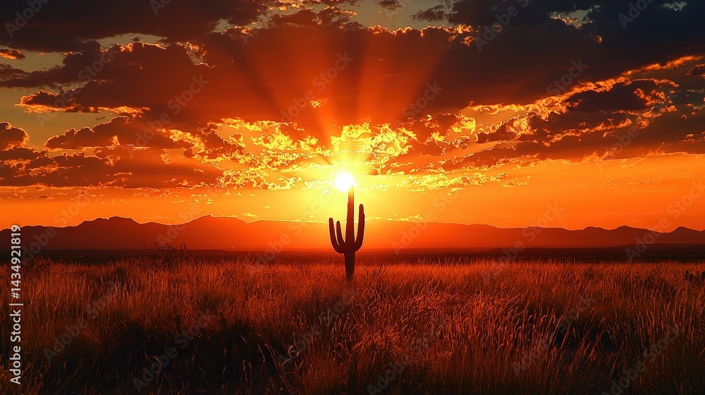 Fototapeta premium Dramatic sunset over a desert landscape with a solitary cactus.