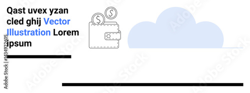 Wallet with coins next to a blue cloud suggests digital payments or financial technologies. Ideal for fintech, banking, e-commerce, cloud storage, money saving, payment systems, simple landing page