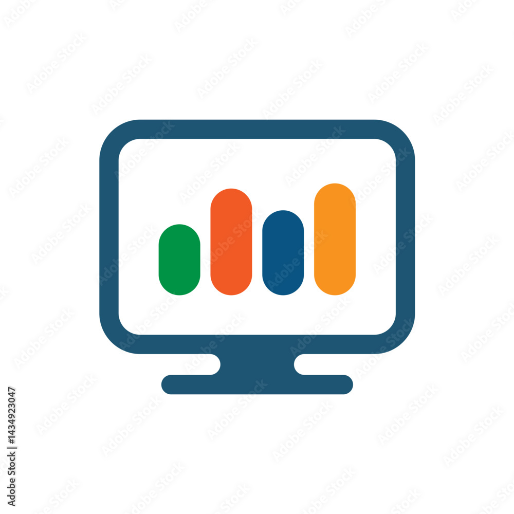 Data analysis icon. Vector illustration of computer with bar chart.