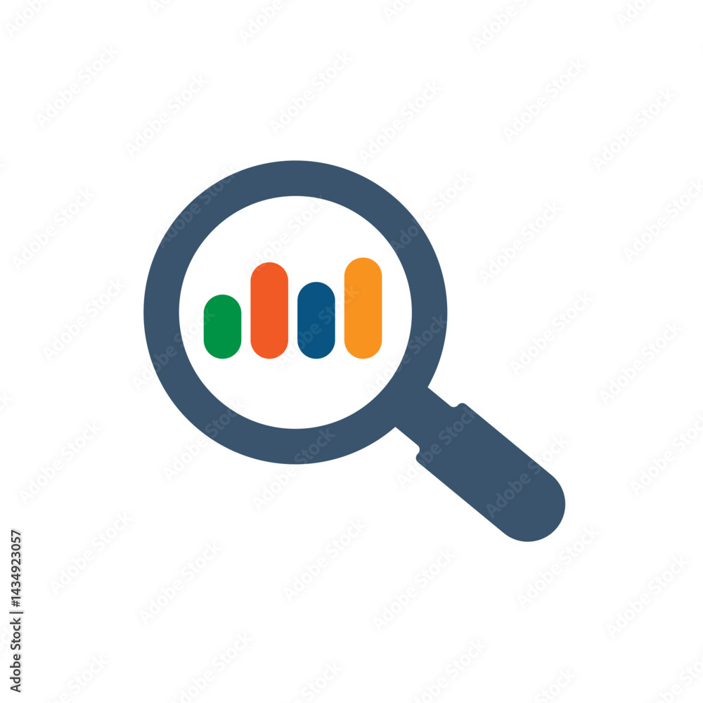 Analysis icon. Vector illustration of magnifying glass and bar chart