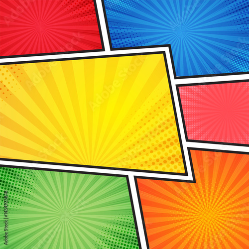 Comic book panel scene background. Colorful comic strip template with halftone sunburst background