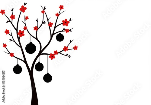 A tree with red flowers and hanging ornaments isolated on white background