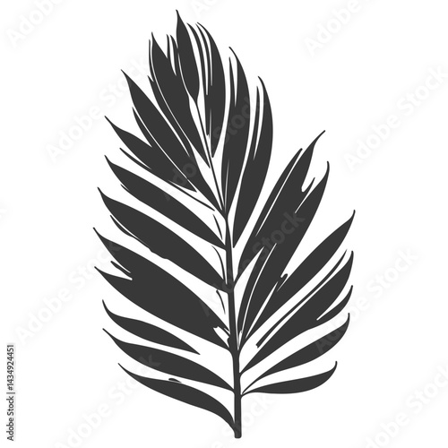 Stylized depiction of a single tropical palm leaf in monochrome illustration