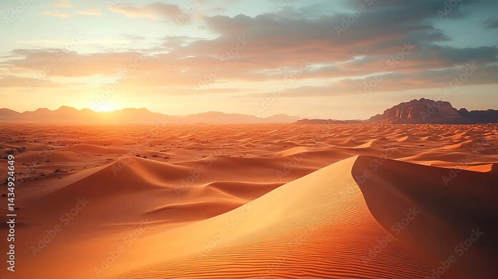 Naklejka premium A desert landscape at sunset with orange-red sand dunes, clouds in the sky, and distant mountains illuminated by the setting sun.