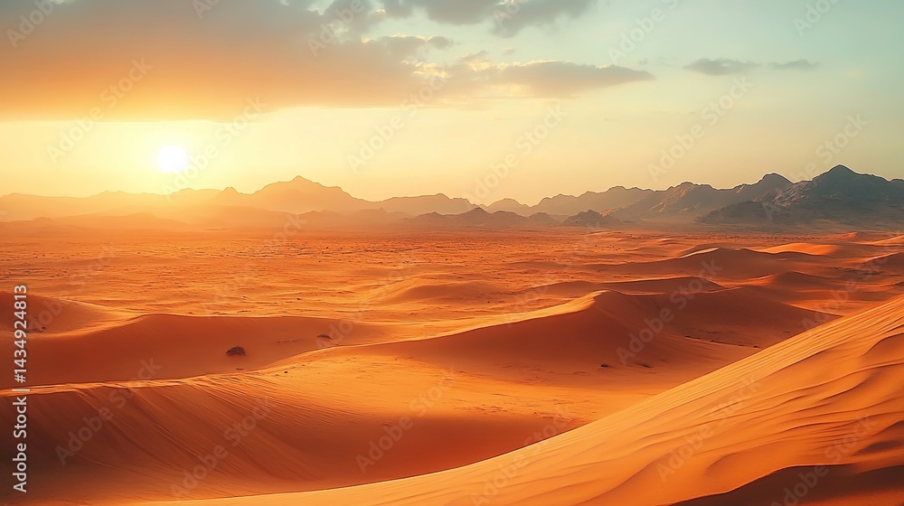 Fototapeta premium A desert landscape at sunset with orange-red sand dunes, clouds in the sky, and distant mountains illuminated by the setting sun.