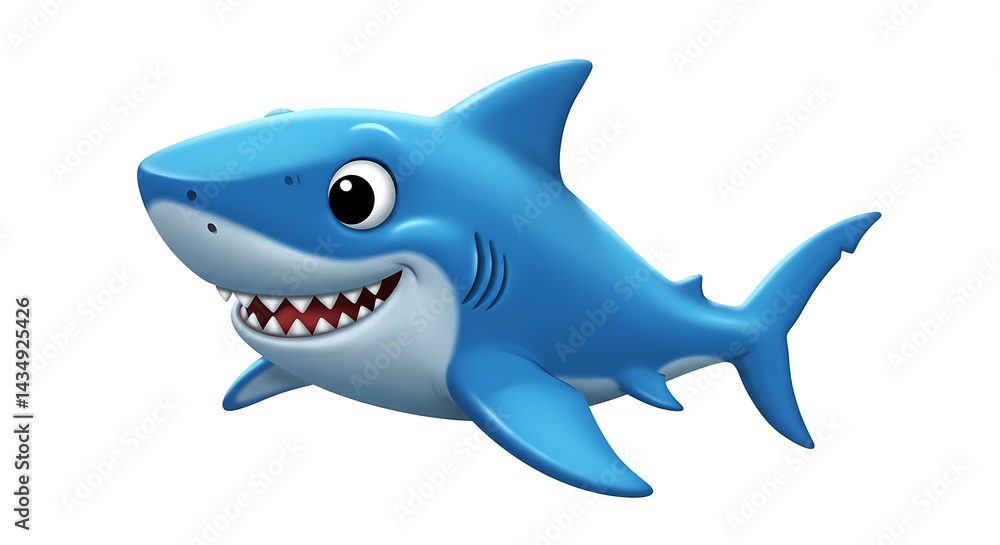 Fototapeta premium Cute Cartoon Shark Smiling and Swimming Isolated on White Background