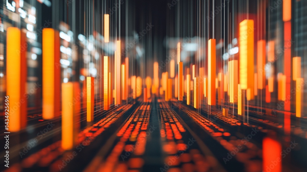 Abstract digital cityscape with glowing orange vertical bars, creating a sense of depth and movement