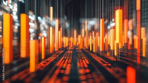 Obraz na płótnie Abstract digital cityscape with glowing orange vertical bars, creating a sense of depth and movement w salonie