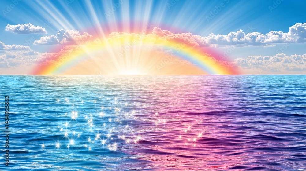 Vibrant sunrise rainbow over calm ocean