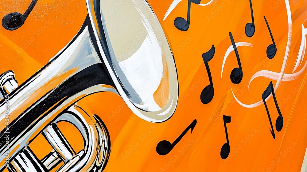 Painted trumpet on orange background with musical notes