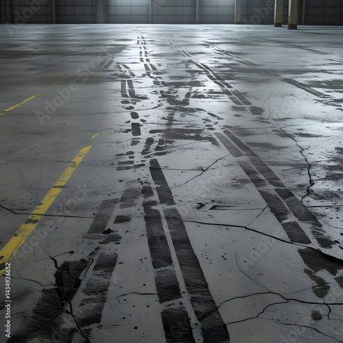 Marks of Industry: Concrete floor with skid marks and tyre tracks, symbolizing the impact of industry and machinery. This evocative scene presents a raw and industrial aesthetic.