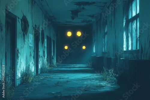 Spooky abandoned hospital corridor, eerie lights, game background
