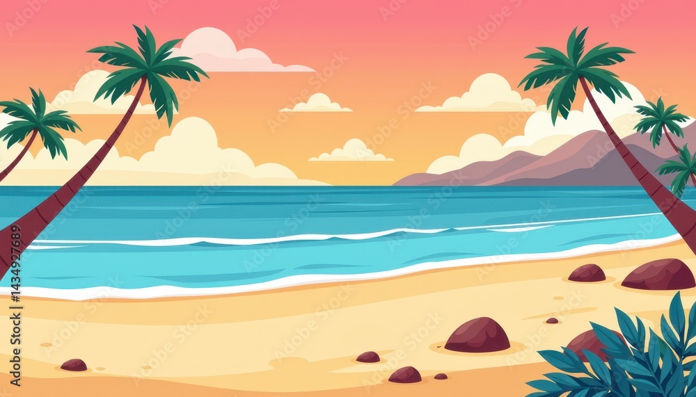 Serene Tropical Beach Sunset Palm Trees Frame Ocean Waves on Sandy Shore Serene Tropical Beach Sunset Palm Trees Frame Ocean Waves on Sandy Shore