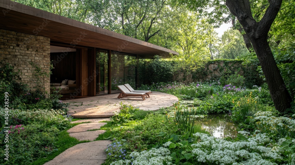 A serene garden landscape featuring a modern home, stone pathway, lounge chair, and vibrant greenery with a tranquil pond. A serene garden landscape featuring a modern home, stone pathway, lounge chair, and vibrant greenery with a tranquil pond.