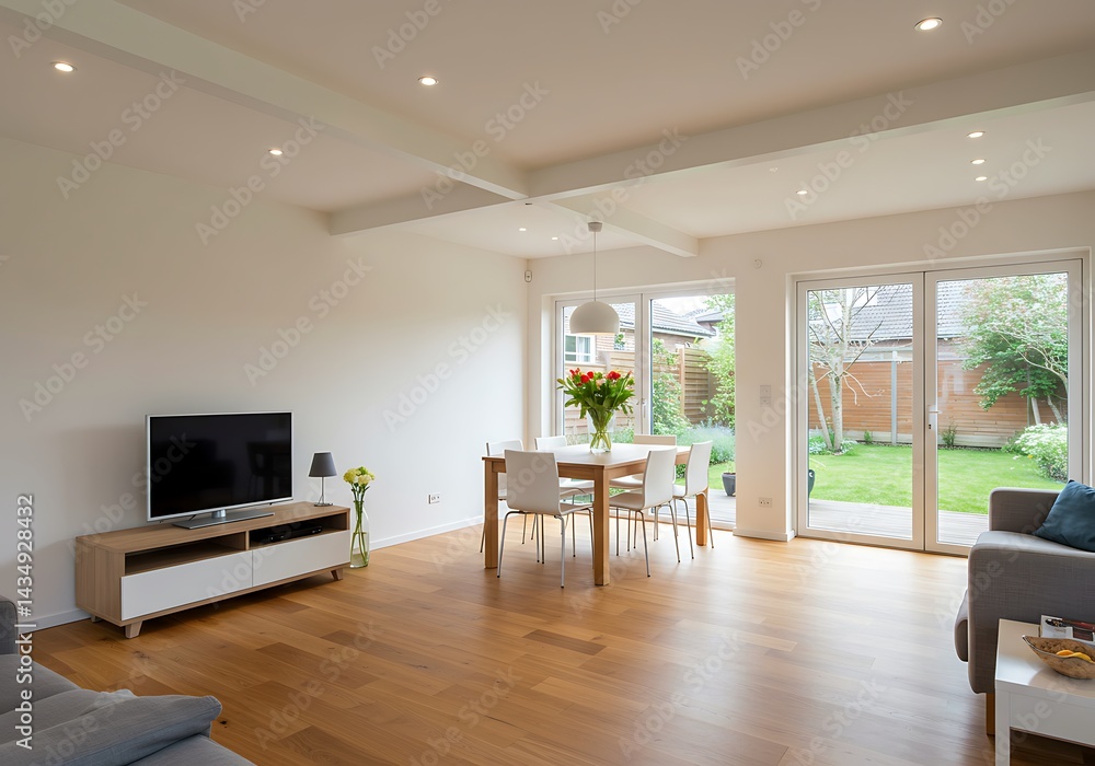 Fototapeta premium Bright living room with wooden floor tv and dining table near sliding glass doors to the garden