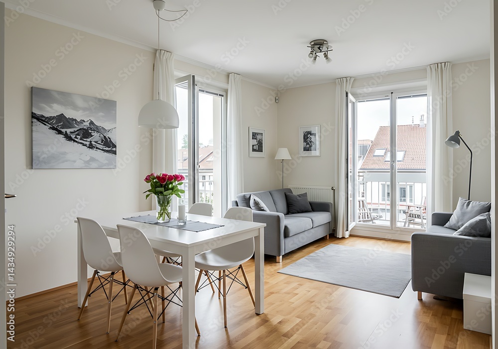 Bright living room with dining table and seating area near balcony with natural light streaming in Bright living room with dining table and seating area near balcony with natural light streaming in