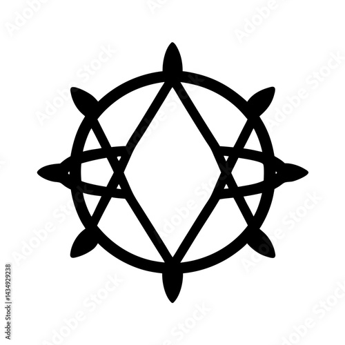Geometric symbol with central diamond,outer circle, and triangular star motifs with radiating points on a transparent background