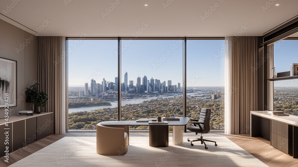 Modern office with cityscape view. Desk, chair, window, & city skyline