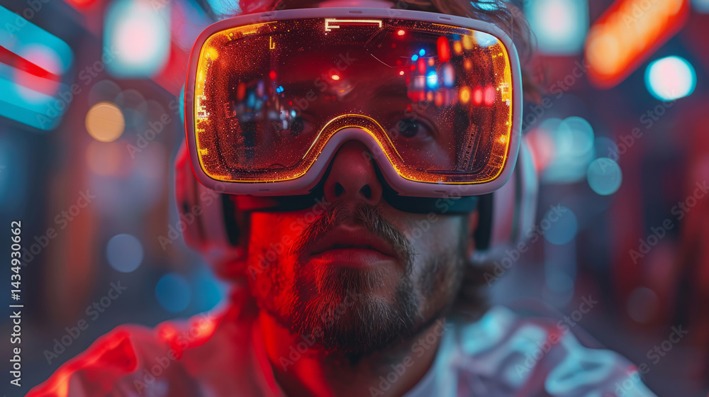 Person experiencing excitement in virtual reality against neon lights Person experiencing excitement in virtual reality against neon lights