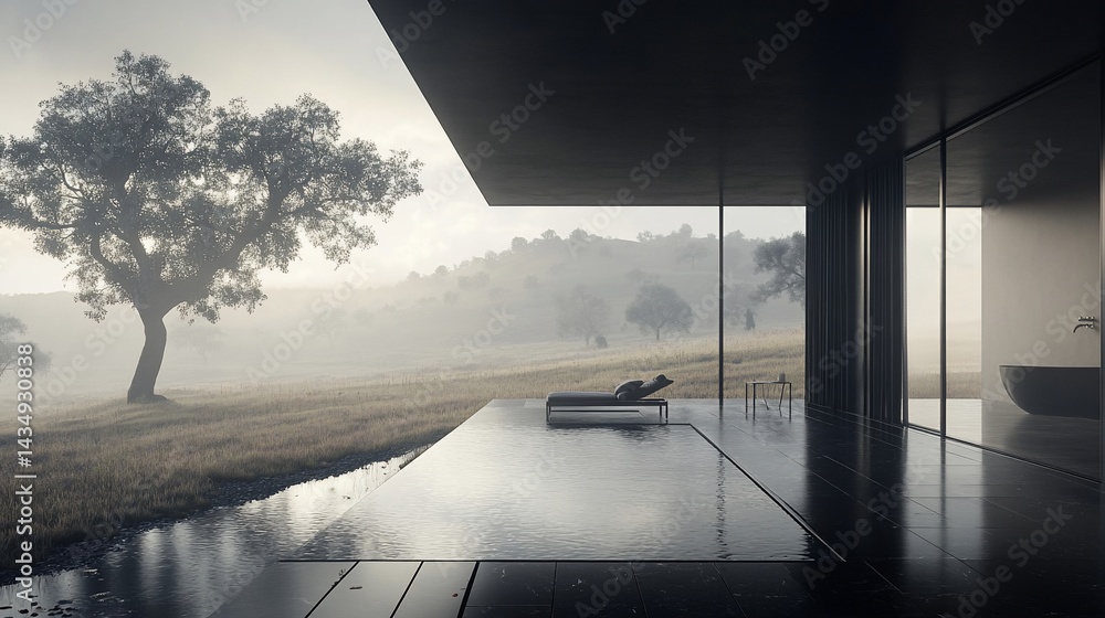 Modern minimalist home with exterior pool, overlooking a misty landscape