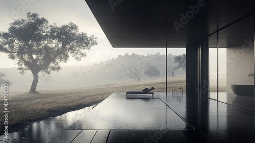 Obraz na płótnie Modern minimalist home with exterior pool, overlooking a misty landscape w salonie