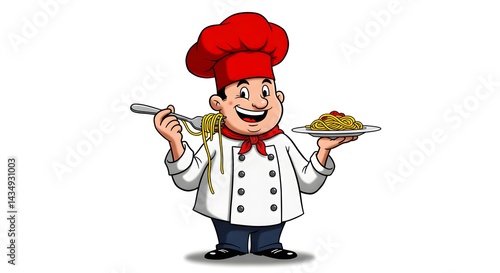 Cartoon chef serving delicious spaghetti with tomato sauce italian food restaurant catering profession