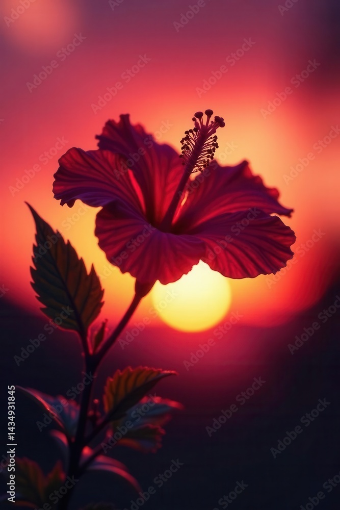 Fototapeta premium Intricate hibiscus silhouette against sunrise, vibrant hues, white, purple, sunrise