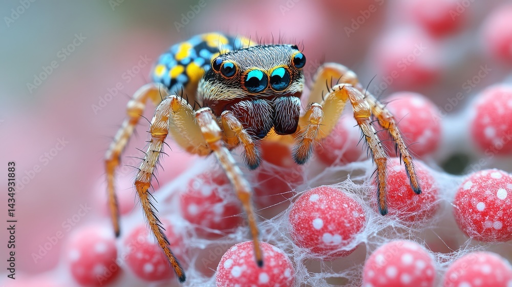 Fototapeta premium Close-up of a colorful jumping spider on a delicate web.