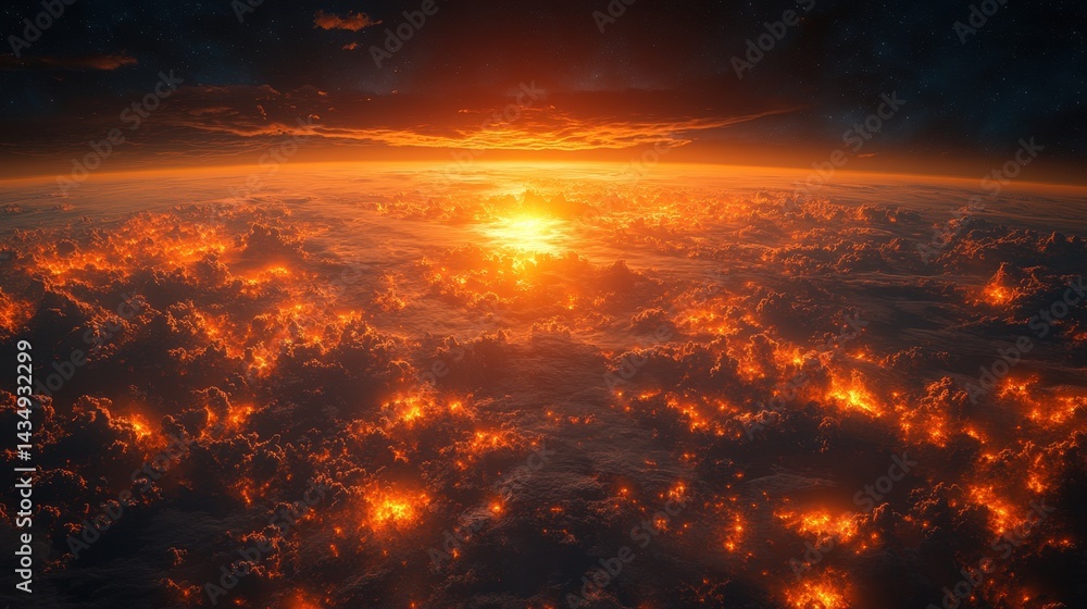 Fototapeta premium Fiery clouds blanket the world at sunrise.