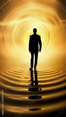 Silhouette of a person in a suit walking toward a radiant golden light source reflecting in rippling water abstract concept