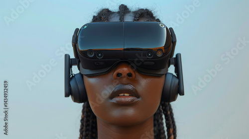 Woman experiencing virtual reality with headset against plain background  