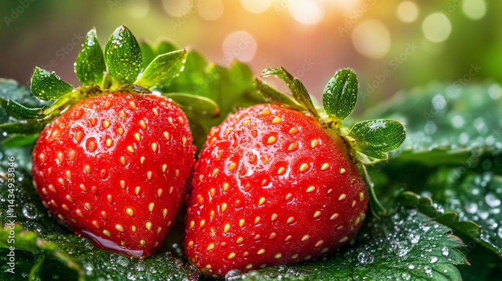 Two ripe, juicy strawberries glistening with dew on vibrant green leaves