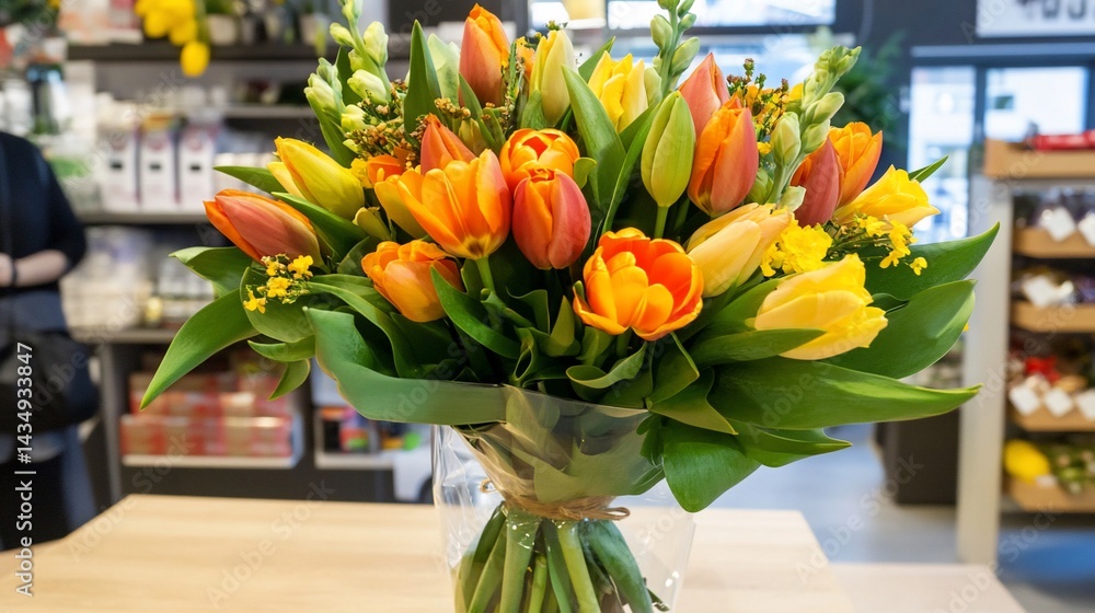 Vibrant bouquet of tulips and other flowers in a clear vase