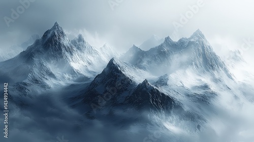 Majestic snow-capped peaks shrouded in a misty atmosphere.