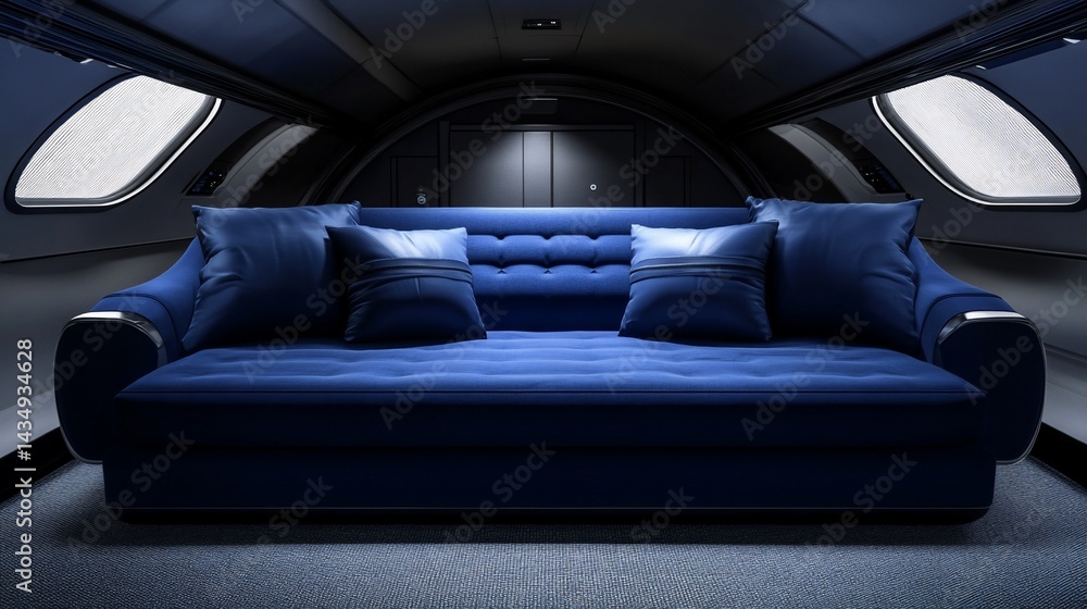 Luxurious blue sofa in a modern, aircraft-style interior