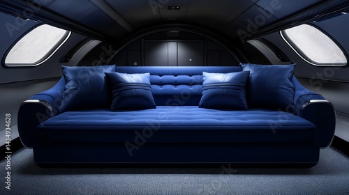 Luxurious blue sofa in a modern, aircraft-style interior