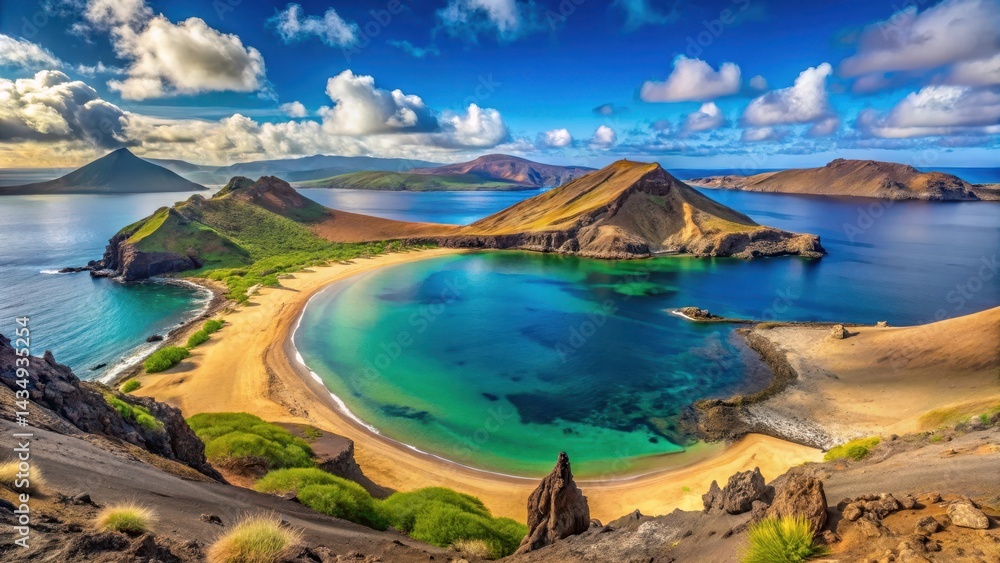 Fototapeta premium Beautiful panoramic view of Bartolome Island with clear blue waters, secluded beach