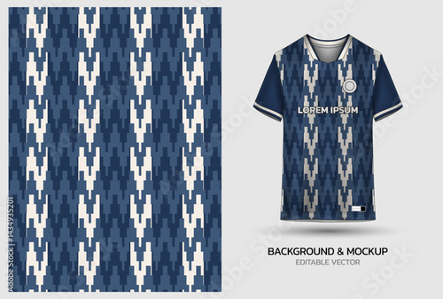 Jersey mockup and background pattern design. Uniform front view jersey and sublimation templates for soccer, football, volleyball, badminton, e-sports, casual