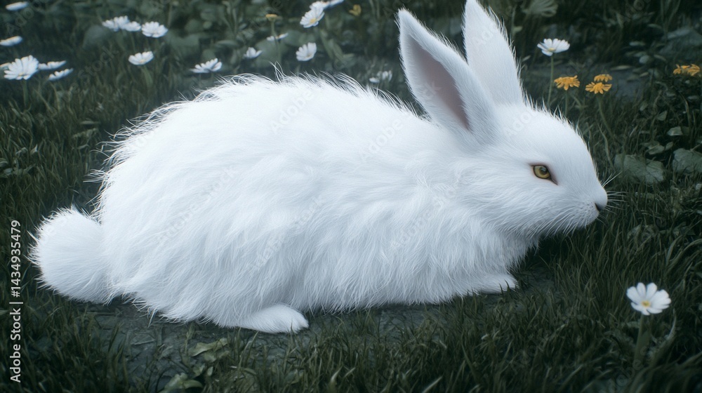Fluffy white rabbit rests in a field of green grass and wildflowers