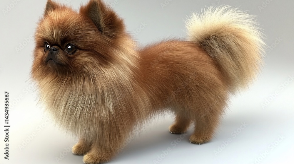 Fluffy brown and tan Pomeranian, side view, standing. Posed against white