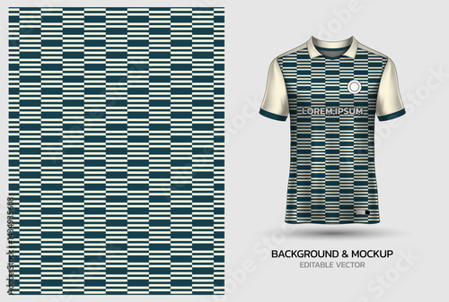 Jersey mockup and background pattern design. Uniform front view jersey and sublimation templates for soccer, football, volleyball, badminton, e-sports, casual